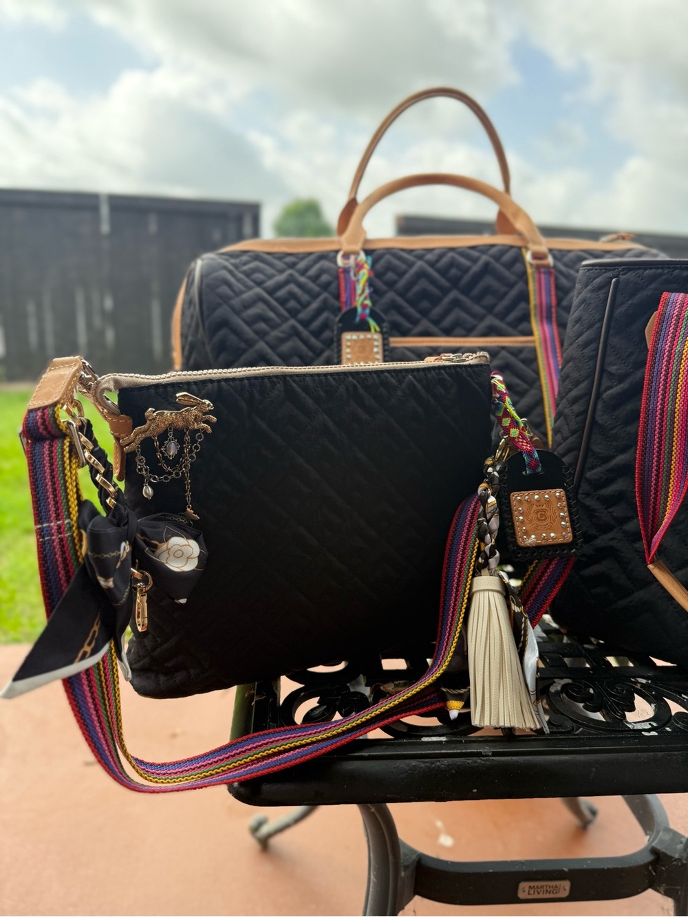 Consuela Black Quilted Crossbody Clutch Rainbow Strap EUC + Accessories - Picture 11 of 13
